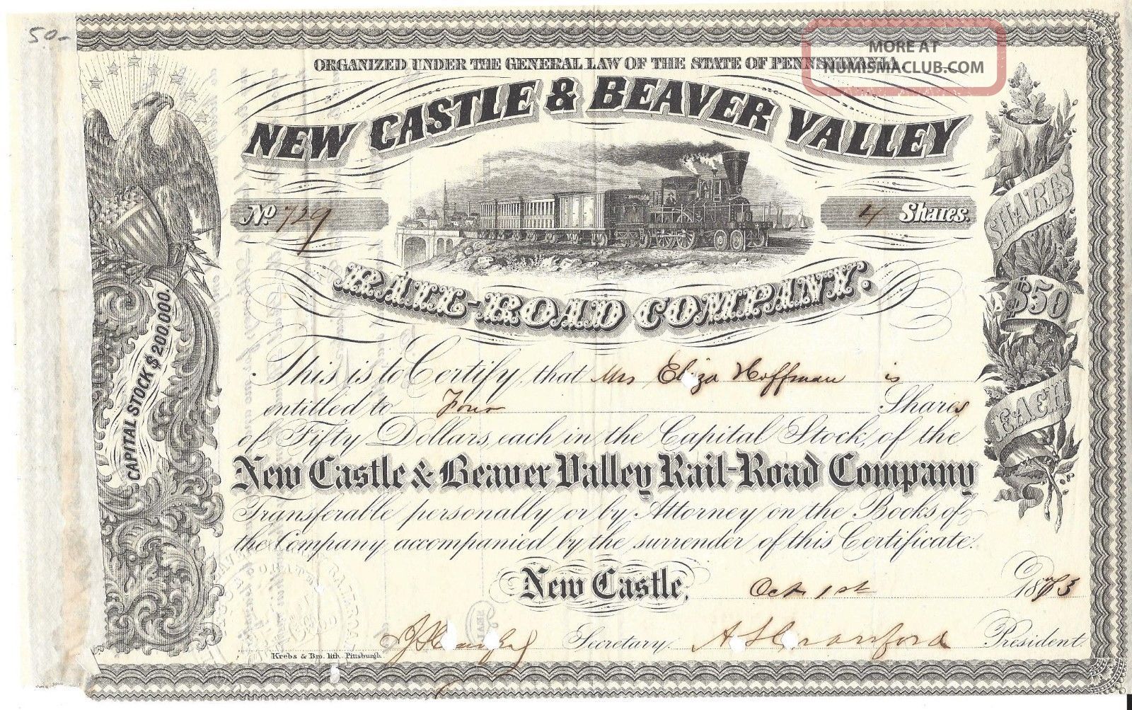 Castle & Beaver Valley Railroad Company. . . . . . 1873 Stock Certificate