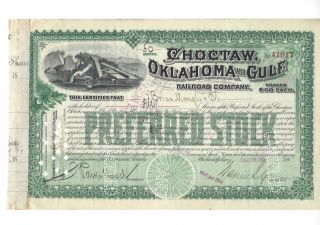 Choctaw,  Oklahoma And Gulf Railroad Company. . . .  1898 Stock Certificate photo