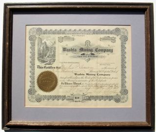 1905 Framed Stock Certificate - Washta Mining Co,  Washington State (seattle) photo