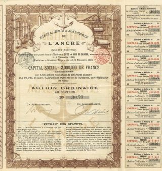Belgium Anchor Distillery & Malt Company Stock Certificate 1896 photo