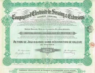 Belgium Seraing Electric Company Stock Certificate 1903 photo
