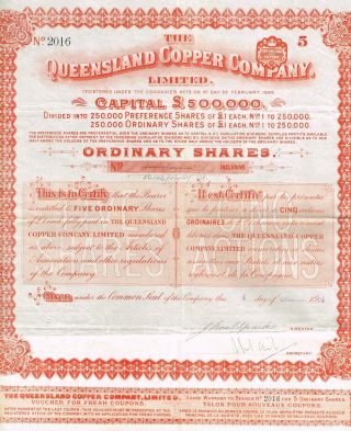 Australia Queensland Copper Company Stock Certificate 1906 photo