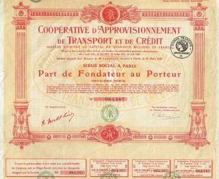 France Transport Cooperative Stock Certificate 1920 photo