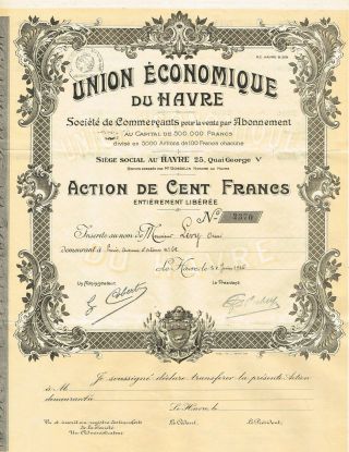 France Economic Union Of Havre Stock Certificate 1926 photo