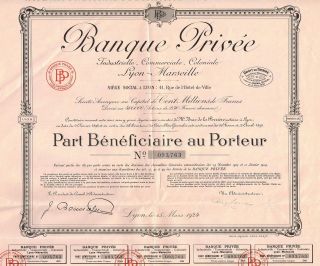 France Private Bank Of Lyon Marseille Stock Certificate 1924 photo