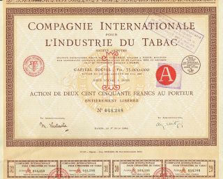 France International Tobacco Industrystock Certificate 1924 photo