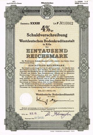 Germany 4% Bond Of 1941 Stock Certificate Uncancelled photo