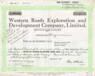 South Africa Western Reefs Exploration Company Stock Certificate photo