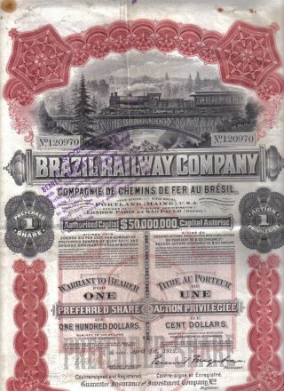 Bond 1912 Brazil Railway Company $100 Uncancelled 1 Share Deco Coupon Waterlow photo