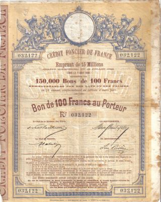 France State Bond Credit Foncier Loan 1888 100 Francs Uncancelled Deco photo