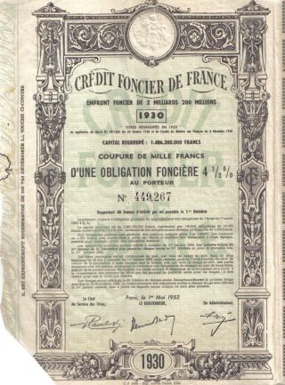 France State 4.  5% Bond Credit Foncier 1930 1000 Francs Uncancelled Deco Coupons photo