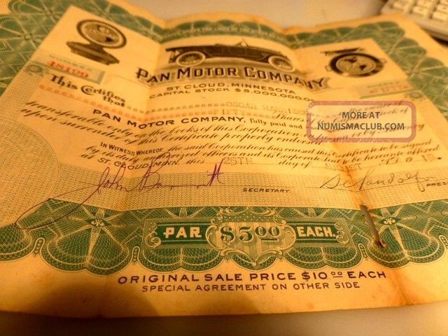 Pan Motor Company Stock Certificate St Cloud Mn 1919 Famous Mail Fraud 50 Shares Transportation photo