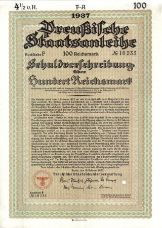 Germany Nazi State Prussian Deutschland Bond 1937 100 Rm photo