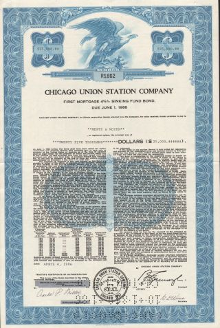 Usa Chicago Union Station Company Stock Certificate $25,  000 photo