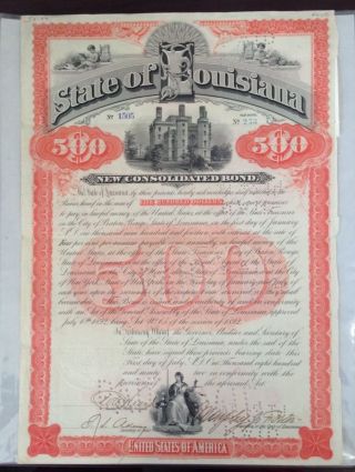 1892 State Of Louisiana $500 Bond photo