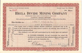 Hecla Divide Mining Company Of Tonopah Nevada 1920 100 Shares Stock Certificate photo