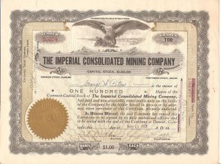 The Imperial Consolidated Mining Co.  Arizona.  1920 100 Shares Stock Certificate photo