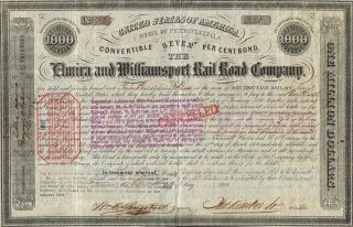 Usa Elmira & Williamsport Railroad Company Bond Stock Certificate 1860 photo