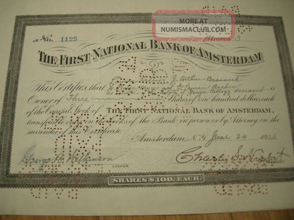 1926 First National Bank Of Amsterdam Stock Certificate