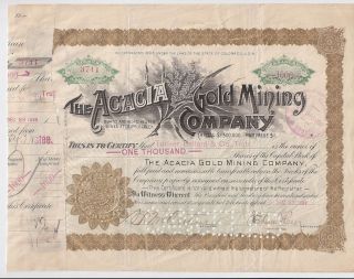 Acacia Gold Mining Company. . . . .  1899 Stock Certificate photo