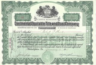 Continental - Equitable Title And Trust Company. . . . .  1929 Stock Certificate photo