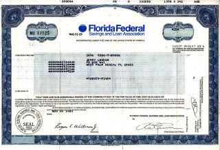 Florida Federal S&l Assoc.  1983 Stock Certificate photo