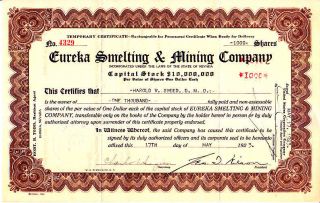 Eureka Smelting & Mining Company Nv 1923 Stock Certificate photo