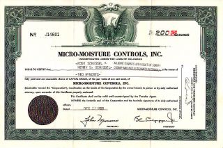 Micro - Moisture Controls,  Inc.  1955 Stock Certificate photo