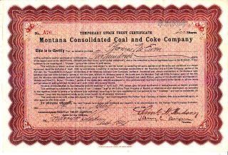 Montana Consolidated Coal And Coke Company 1908 Stock Certificate photo