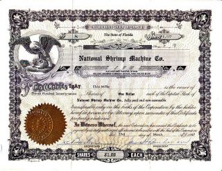 National Shrimp Machine Co.  Fl 1967 Stock Certificate photo