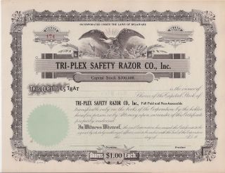 Tri - Plex Safety Razor Co Inc. . . . . . . .  Unissued Stock Certificate photo