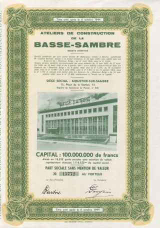 Belgium Construction Machine Mfg Company Stock Certificate Basse Sambre photo