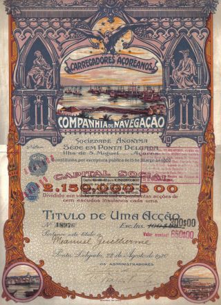 Portugal 1920 Azores Island S.  Miguel Navigation Co 100$00 Top Deco 6 Revenue photo