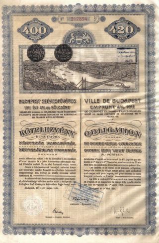 Hungary 4% Loan 1911 City Budapest 420 Francs Uncancelled Coupons Deco photo