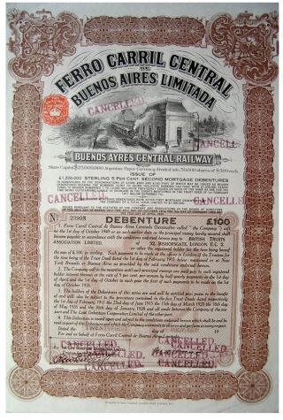 Argentina 1931 Ferro Carril 100 Buenos Aires Central Railway No Holes Bond Loan photo