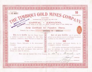 Colombia Timbiqui Gold Mines Company Stock Certificate 1900 10sh Founders Shares photo