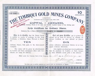 Colombia Timbiqui Gold Mines Company Stock Certificate 1900 10sh Ordinary Shares photo