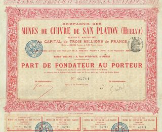 Spain Copper Mines Of San Platon Stock Certificate 1906 photo