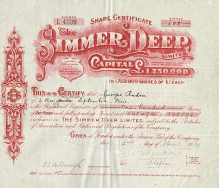 South Africa Simmer Deep Mining Company Stock Certificate 1904 photo