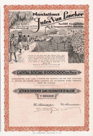 Africa Congo Jules Van Lancker Plantations Stock Certificate 1927 photo
