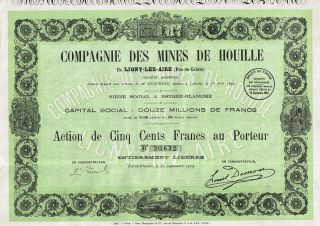 France Coal Mines Of Ligny - Lez - Aire Stock Certificate 1924 photo