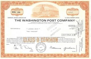 The Washington Post Company. . . . .  1971 Stock Certificate photo