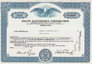 Dalto Electronics Corporation 1961 Stock Certificate photo