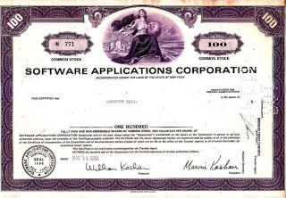 Software Applications Corporation Ny 1969 Stock Certificate photo