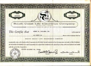 South Coast Life Insurance Company Tx 1963 Stock Certificate photo