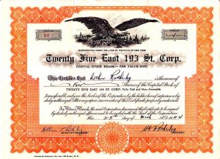 Twenty Five East 193 St.  Corp.  Ny 1954 Stock Certificate photo