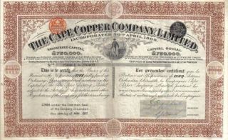 Uk Gb Bond 1907 Cape Copper Co 5 Shares £10 Deco Coup photo