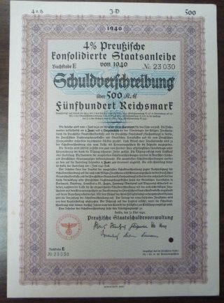 Nazi Germany 1940 500 Reichsmark Bond photo
