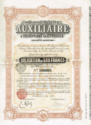 Belgium Electrical Business Auxillary Company Stock Certificate 1909 photo
