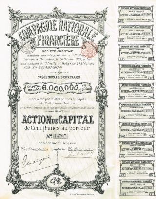 Belgium National Finance Company Stock Certificate 1898 photo